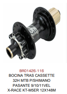 [BR01426-116] BOCINA TRASERA CASSETTE 32H MTB P/SHIMANO PASANTE 9/10/11VEL X-RACE KT-M5ER 12X148M