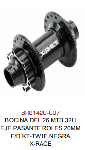 [BR01420-007] BOCINA DEL 26 MTB 32H EJE PASANTE ROLES 20MM F/D KT-TW1F NEGRA X-RACE